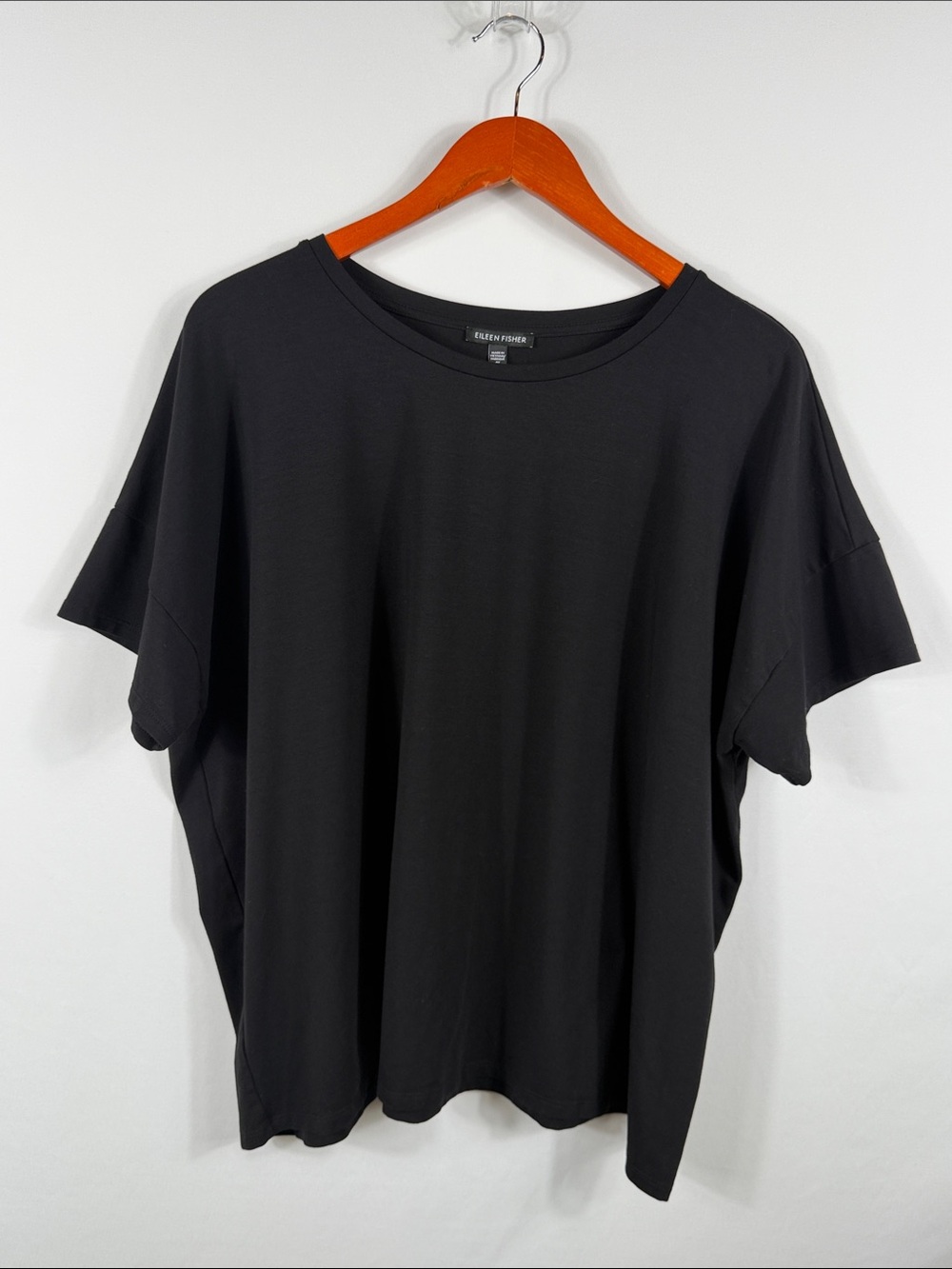 Eileen Fisher Black Short-Sleeve Crewneck Tee. Boxy Fit. Womens Size XL. Tencel